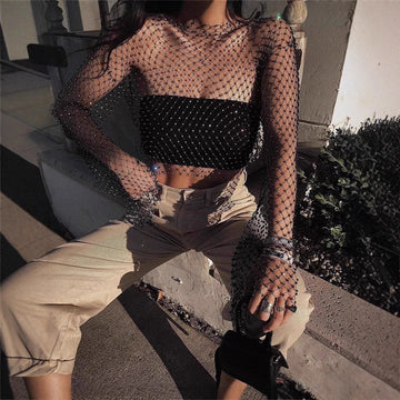 Sexy Rhinestone Hollow Top Blouse