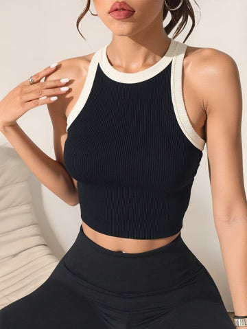 Ribbed Contrast Cropped Yoga Tank Top