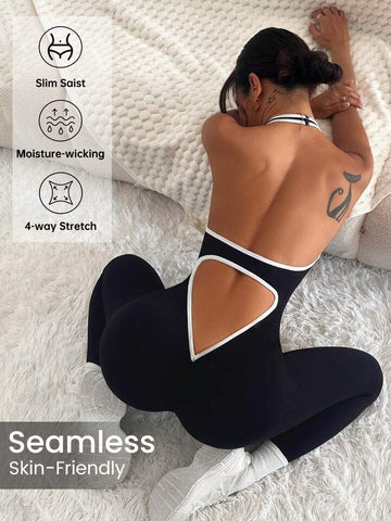 Contrast Color Seamless V Waist Backless Halter Peach Hip Fitness Yoga Jumpsuit