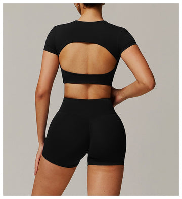 Female Solid Color Backless with Pads Cropped Short Sleeves