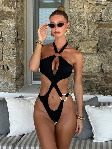 Sexy Solid Color Hollow Halter Neck One-piece Swimsuit Bodysuit