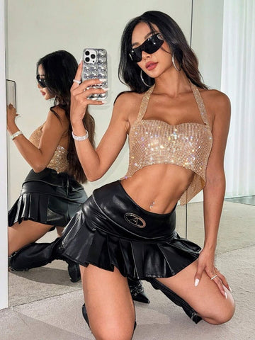 Sexy Rhinestone Halter Neck Hollow Backless Top