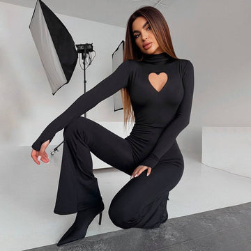 Sexy Heart Hollow Half Turtleneck Flared Jumpsuit