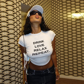 Sexy Letter Printed Back Pleated Short Sleeve Cropped Tank Top