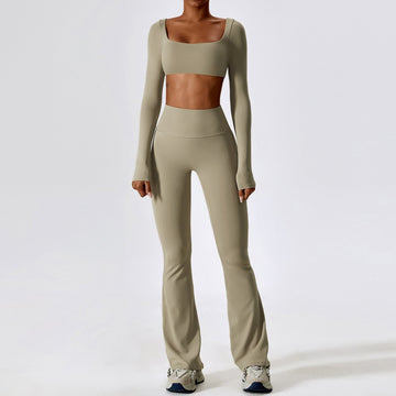BREEHER Crop Top Long Sleeves Hip Lifting Two Piece Set Sports Suits