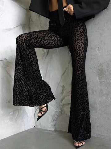 Sexy Mesh Flocking High Waist Flared Leggings