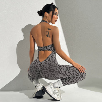 Leopard Backless Halter Sexy Fitness Hip Lifting Yoga Jumpsuit