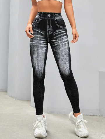 Peach Faux Denim Deep V Back Seamless Yoga Scrunch Bum Leggings