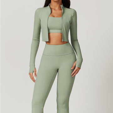 BREEHER Zipper Long Sleeves Leggings Three Piece Set Sports Suits