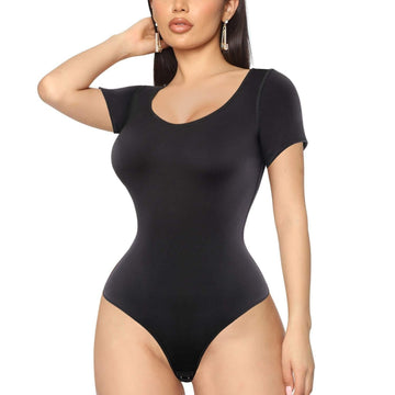 Seamless Round Neck Short Sleeve Thong Tummy Control Body Shaper Bodysuits