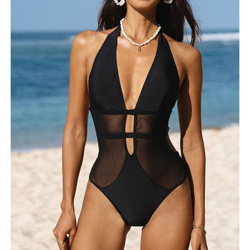 Deep V halterneck mesh sexy One Piece Swimsuit