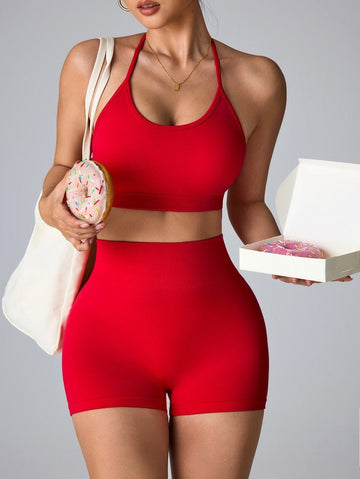 Seamless Halter Backless Bra Butt Lifting High Waist Shorts Yoga Set