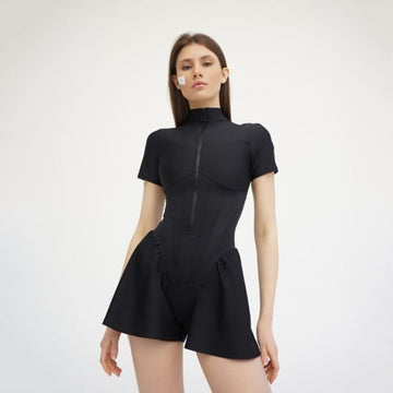 Sexy Round Neck Short Sleeve Zipper Miniskirt Jumpsuit Romper