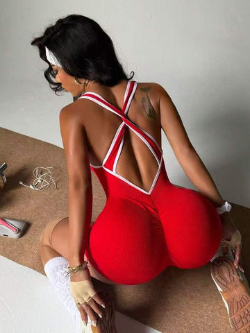 Cross Back Stripes Short Romper