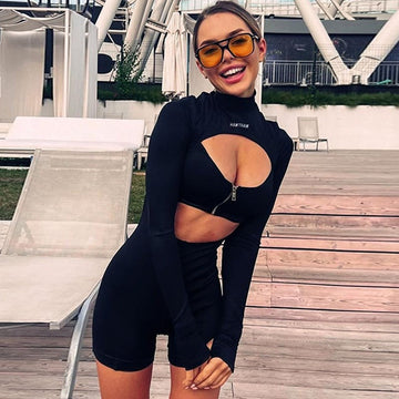 Sexy Hollow Zipper lLong Sleeve Half Turtleneck Jumpsuit