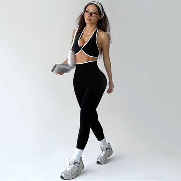 Kardashian Contrast Color Yoga Bra Hip-lifting Leggings Set