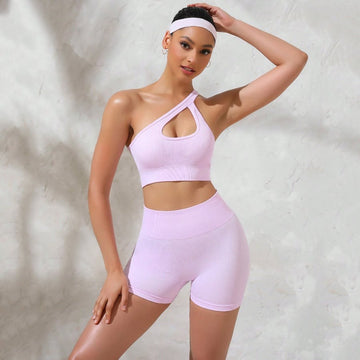 Ribbed Hollow Off-shoulder Bra Peach Hip Shorts Fitness Yoga Set