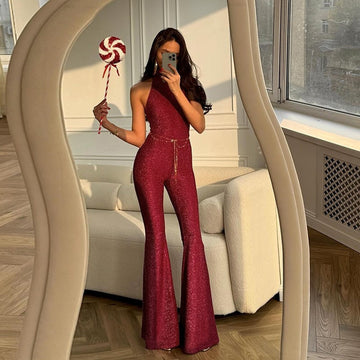 Sexy Backless Halter Neck Sparkling Flared Jumpsuit