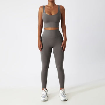 BREEHER U Neck Vest Hip Lifting Leggings Two Piece Set Sports Suits