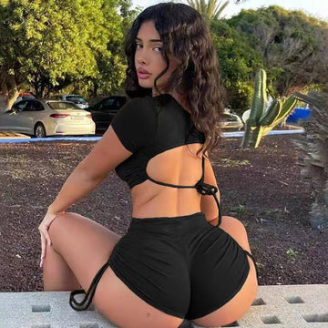 Sexy Strappy Backless Cropped Top & Drawstring Hip-lifting Shorts Set