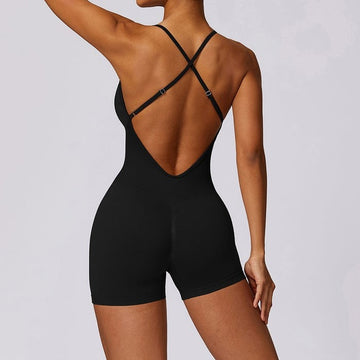 BREEHER Cross Straps Ribbed Highly Elastic Shorts Jumpsuit