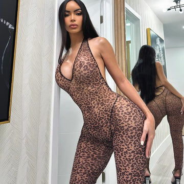Sexy Leopard Print V-Neck Halter Jumpsuit