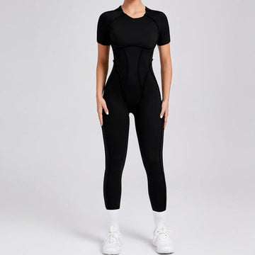 Reverse Line Sexy Backless Solid Color Short Sleeve Tight Jumpsuit