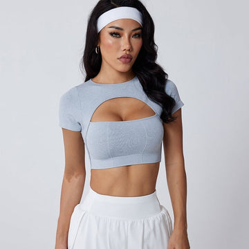 Sexy Hollow Gathered Short Sleeve Yoga Top
