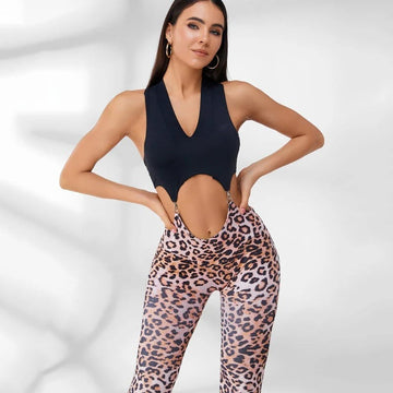 Female Leopard V Collar Hollow Out Jumpsuit