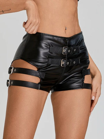 Female Faux Leather Zipper Sexy Belt Buckles Shorts