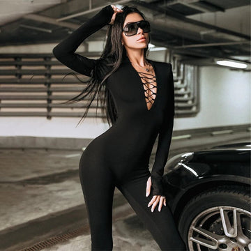 Sexy Hollow Cross Strap Long Sleeve Solid Color Jumpsuit