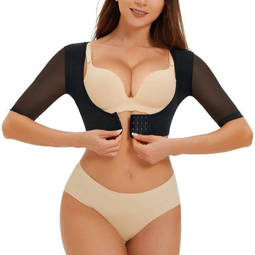 Adjustable Hook Eye U-neck Mesh 3/4 Sleeve Body Shaping Top
