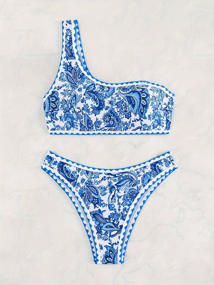 Blue Print One Shoulder Bikini Swimsuit