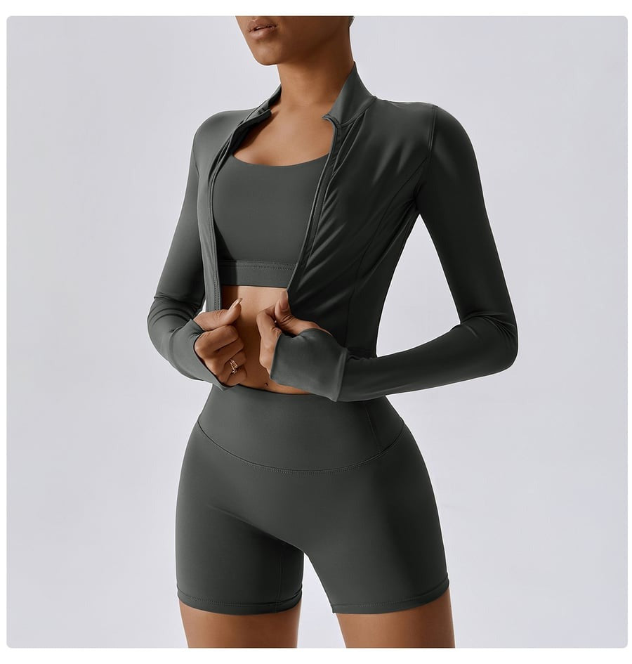 BREEHER Zipper Long Sleeves Shorts Three Piece Set Sports Suits