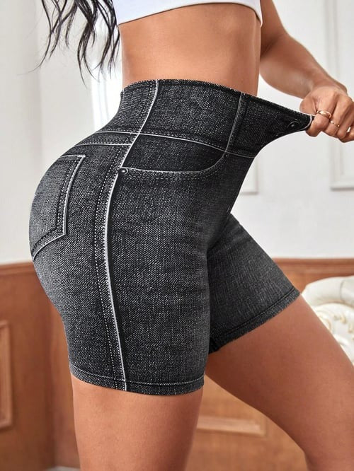 Faux Denim High Waist Skinny Hip-lifting Yoga Shorts