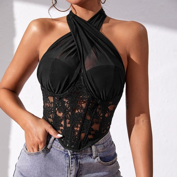 Sexy Lace Splice Halter Neck Tops