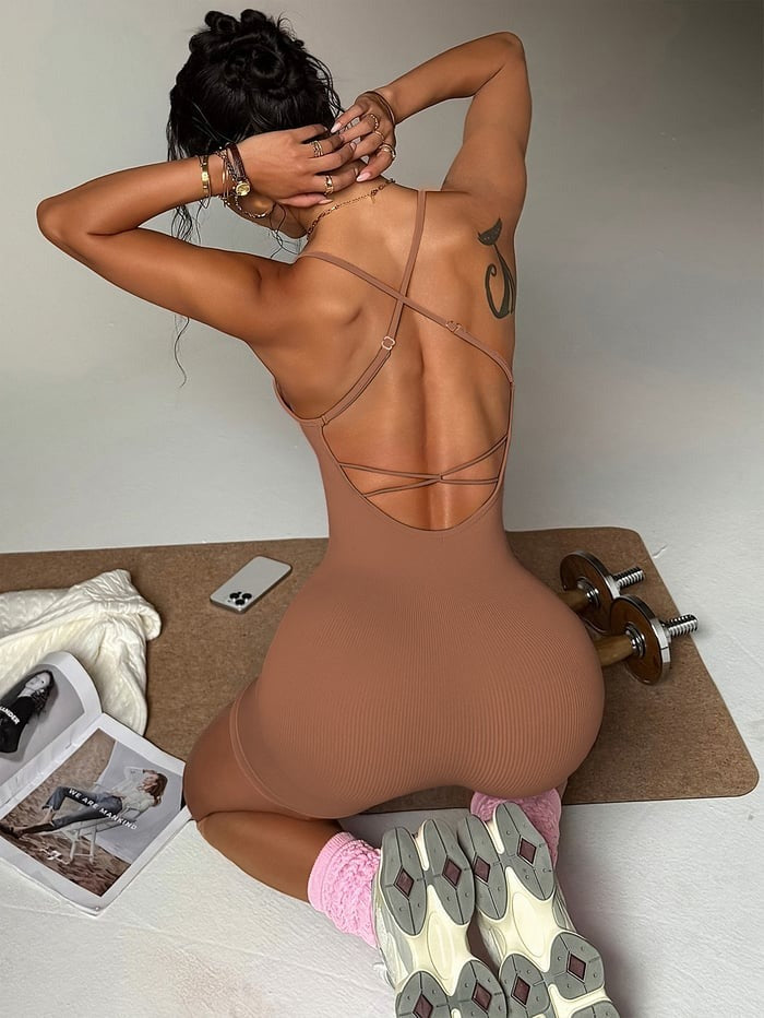 Sexy Backless Cross Ribbed Spaghetti Straps Sports Tight Yoga Jumpsuit