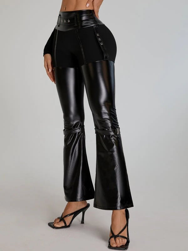 Female Faux Leather Metal Buttons Hip-lift Flare Leggings