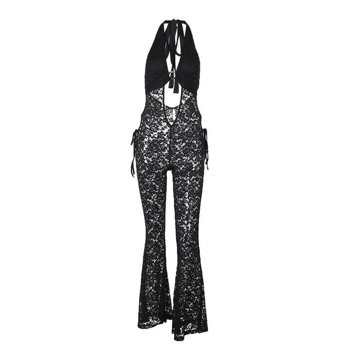 Sexy Lace Halter Neck Metal Ring Jumpsuit