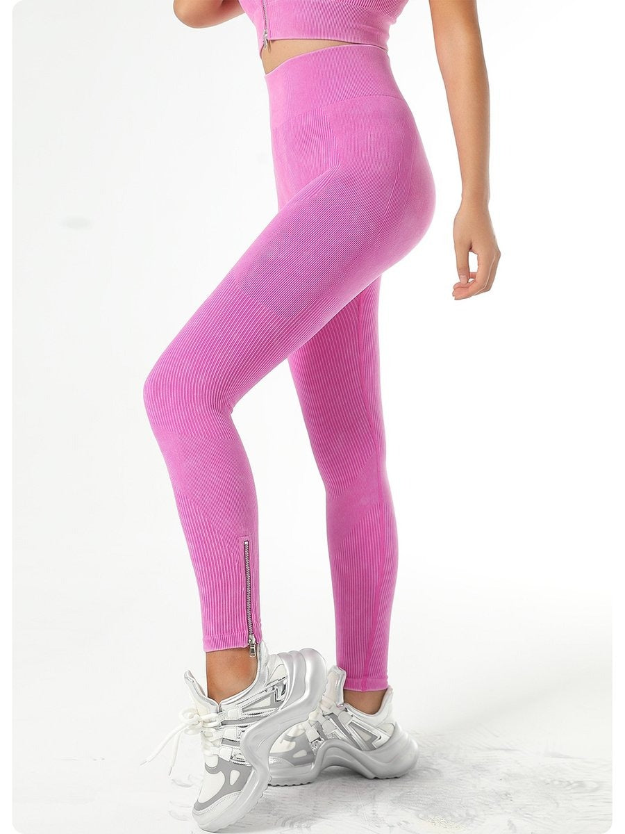 Zipper Ribbed Sports Gym Seamless Yoga Hip-Lifting Yoga Leggings