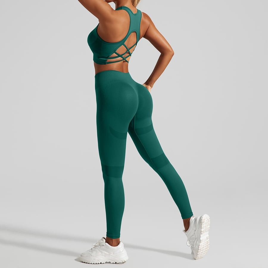 BREEHER Solid Color Hollow Seamless Peach Hip Lifting Fitness Yoga Bra&Legging Sets