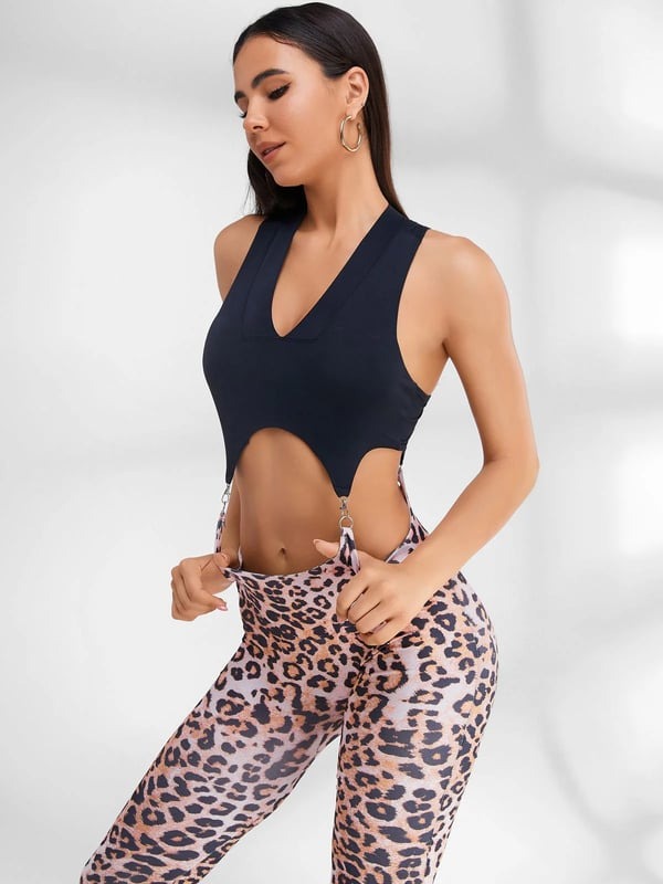 Female Leopard V Collar Hollow Out Jumpsuit