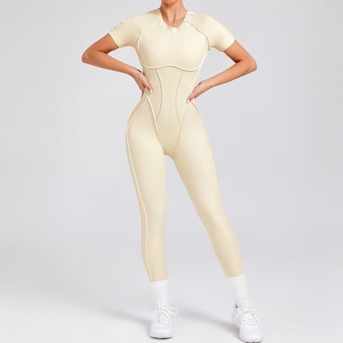 Reverse Line Sexy Backless Solid Color Short Sleeve Tight Jumpsuit