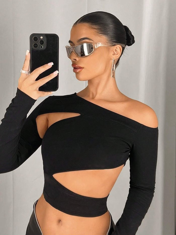 Sexy Irregular Slant Neck Off-shoulder Long-sleeved Top