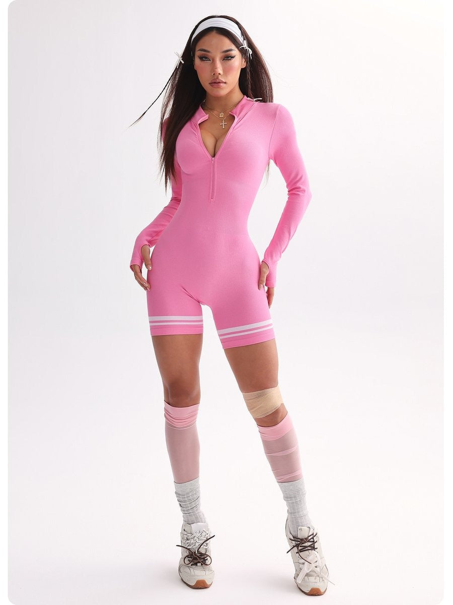 Female Zipper Stripes Short Romper