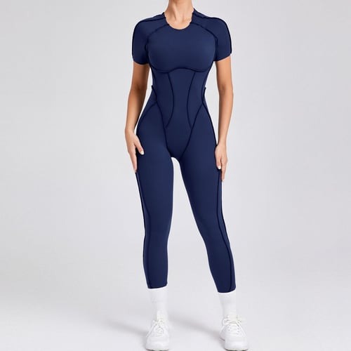 Reverse Line Sexy Backless Solid Color Short Sleeve Tight Jumpsuit