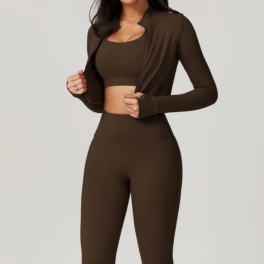 BREEHER Zipper Long Sleeves Leggings Three Piece Set Sports Suits