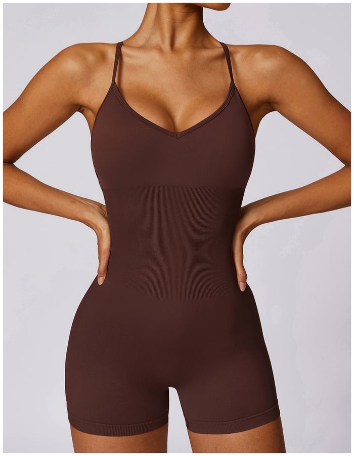 BREEHER Cross Straps Ribbed Highly Elastic Shorts Jumpsuit