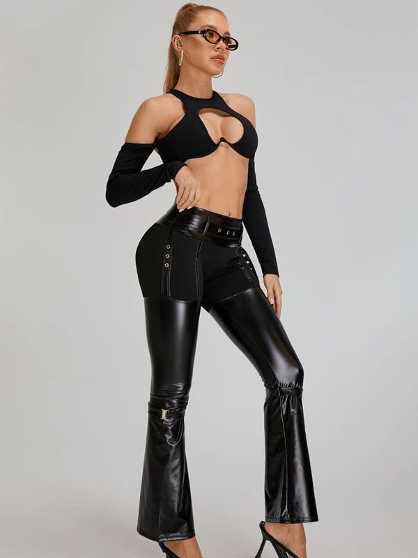 Female Faux Leather Metal Buttons Hip-lift Flare Leggings