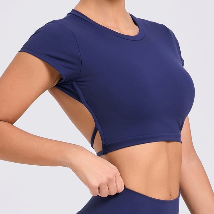 Backless Cross Strap Yoga Short Sleeve Top With Chest Pads